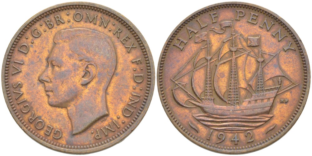 Великобритания 1/2 пенни 1942 Георг VI (1936-1952) KM 844, Spink 4115 бронза 4538-817