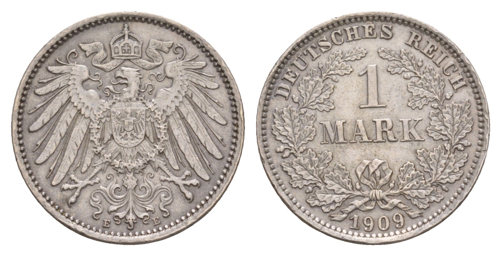Германия 1 марка 1909 E, редкий монетный двор Weege 18, J. 17, KM 14 серебро 1518-922