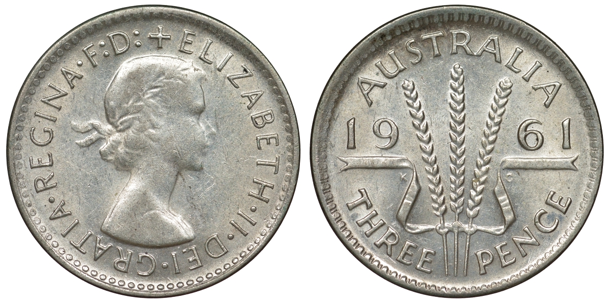 Австралия 3 пенса 1961 m, Елизавета II (1952-2022) KM 57 серебро 71-812