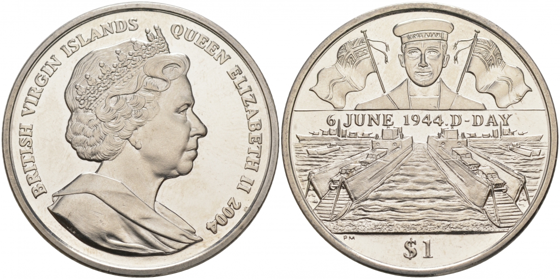 Британские Виргинские острова 1 доллар 2004 60 лет высадки десанта в Нормандии, D-DAY, морской флот KM 281 медно-никель UNC M8-10