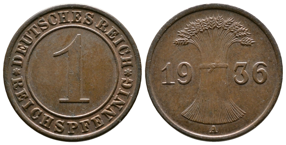 Германия 1 рейхспфенниг 1936 A KM 37, J. 313 бронза 220-144