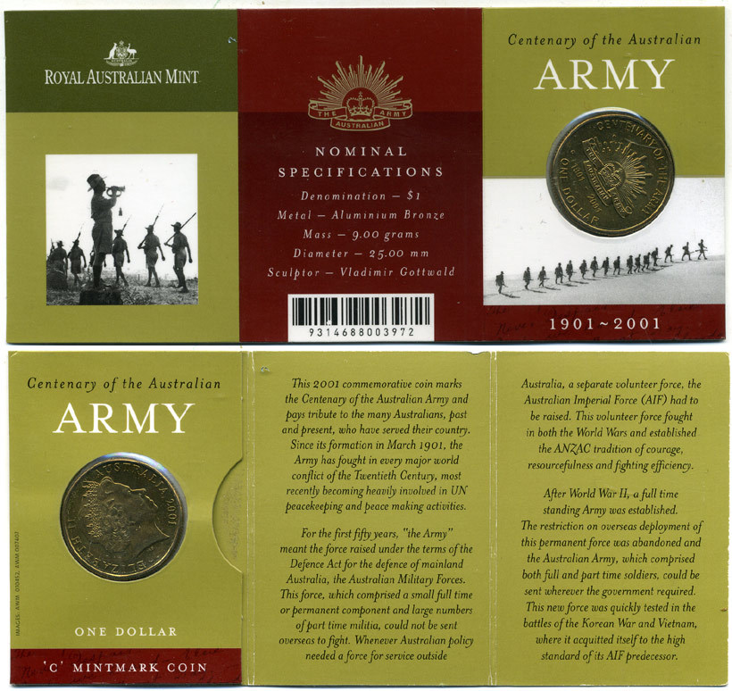 Австралия 1 доллар 2001 100 лет австралийской армии (1901-2001), в оригинальном буклете, MINT C KM 530 алюминиевая бронза  UNC  06-081-81