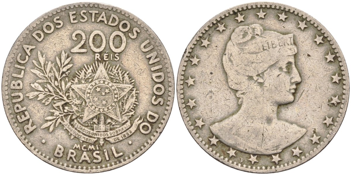 Бразилия 200 рейс 1901 голова свободы вправо KM 504 медно-никель 4589-1122