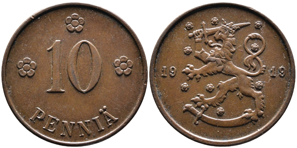 Финляндия 10 пенни 1919 KM 24 медь 4388-915