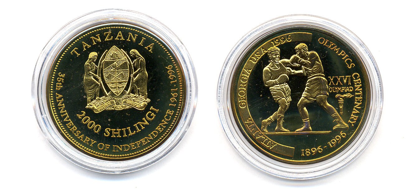 Танзания 2000 шиллингов 1996 XXVI Олимпийские игры 1996 года в Атланте, 100 лет Олимпийскому движению, боксеры, пробник, гладкий гурт латунь PROOF 06-157-13