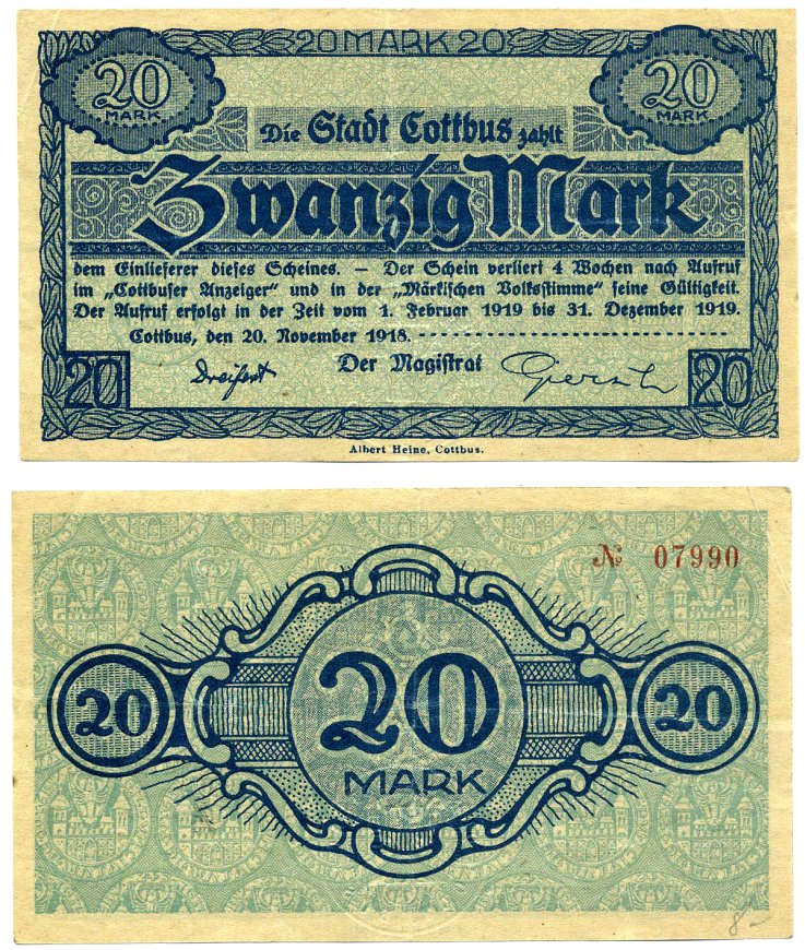 КОТБУС 20 марок 1919 20 ноября 1918 - 31 декабря 1919, нотгельд, земля БрандЕНБУРГ Geiger 085.03 бумага 2193-32-1-2