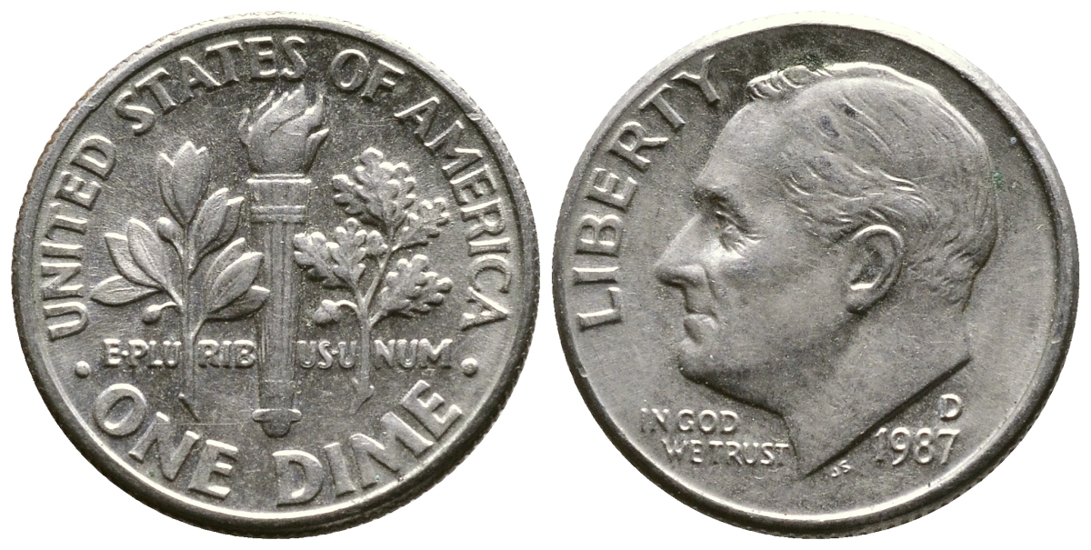 США 10 ЦЕНТОВ = 1 ДАЙМ 1987 D, РУЗВЕЛЬТ KM 195а медь плакированная медно-никелем 57-1238