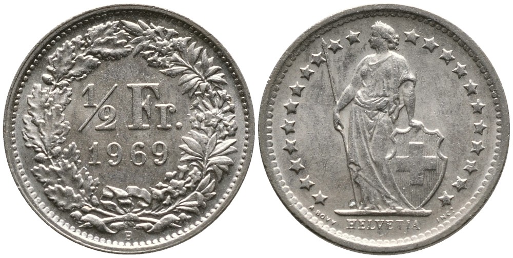 Швейцария 1/2 франка 1969 В KM 23а.1 медно-никель 4532-428