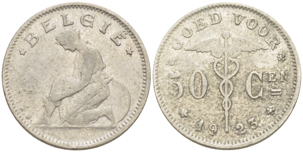 БЕЛЬГИЯ 50 САНТИМОВ 1923 BELGIE KM 88 никель 261-1141