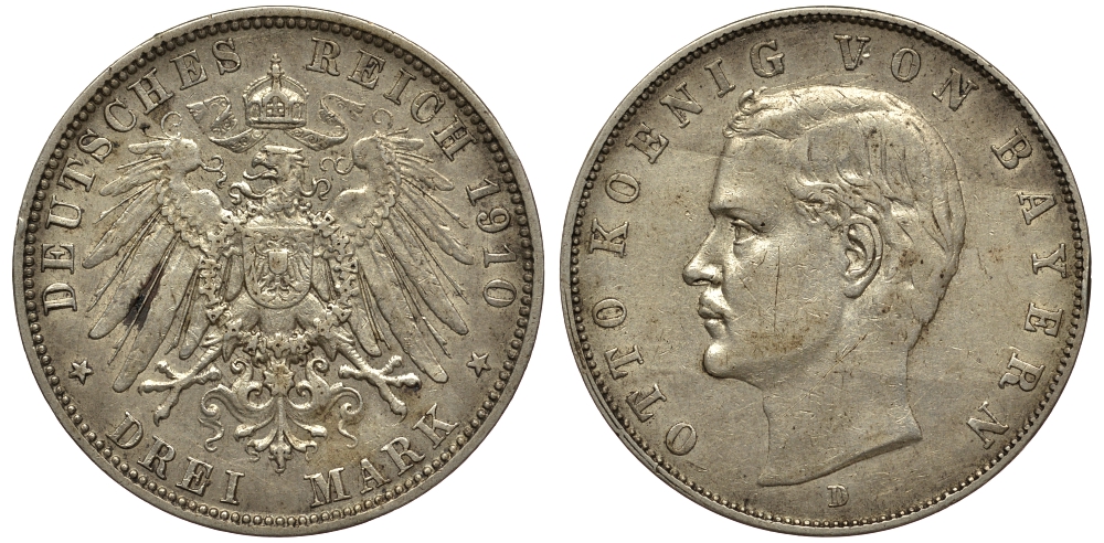 Бавария 3 марки 1910 Отто (1886-1913) Weege 45, J. 47, KM 515 серебро 413-1221