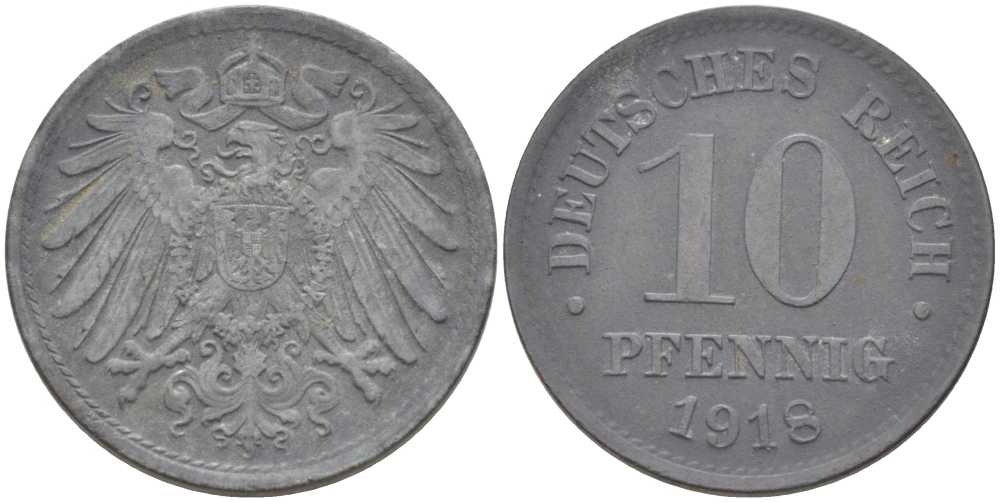 ГЕРМАНИЯ 10 ПФЕННИНГОВ 1918 KM 26, J.299, Weege 8 цинк 202-212