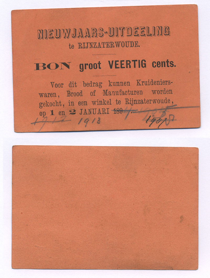 Нидерланды 40 центов 1918 на покупку товаров, бакалеи, гастрономии, хлеба, галантерии, новогодние скидки 1 и 2 января, частный выпуск   бумага  aUNC 444-20-2-1