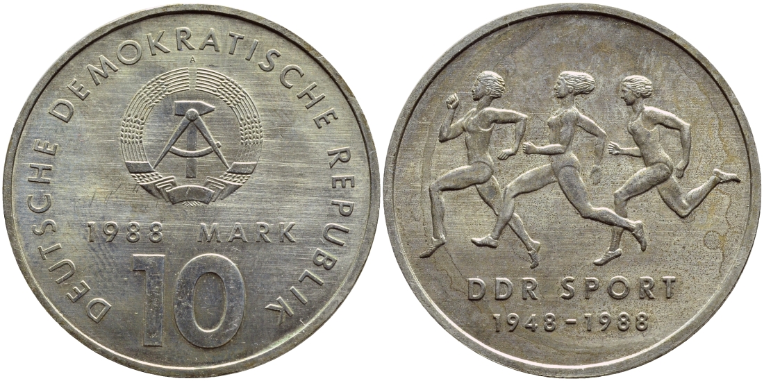 ГДР 10 марок 1988 A, 40 лет союзу физкультуры и спорта ГДР KM 125, J. 1623 медно-никель UNC 4394-1233