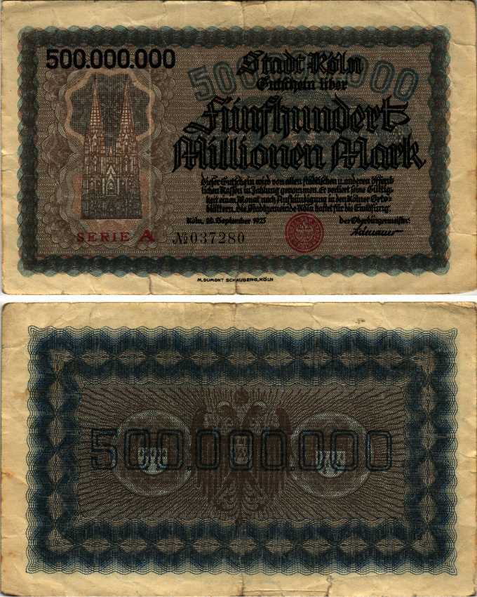 КЁЛЬН 500000000 МАРОК 1923 20 СЕНТЯБРЯ 1923, СЕРИЯ А, НОТГЕЛЬД бумага 8564-33-2