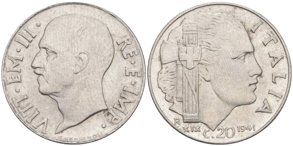 ИТАЛИЯ 20 ЧЕНТЕЗИМО 1941 R, ГОД XIX, ВИКТОР ЭММАНУИЛ III (1900-1946) KM 75b, VEM3. 1028 нержавеющая сталь 3853-1024
