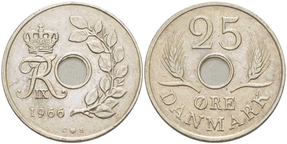 ДАНИЯ 25 ЭРЕ 1966 С; S, ФРЕДЕРИК IX (1947-1972) KM 855.1 медно-никель 67-1252