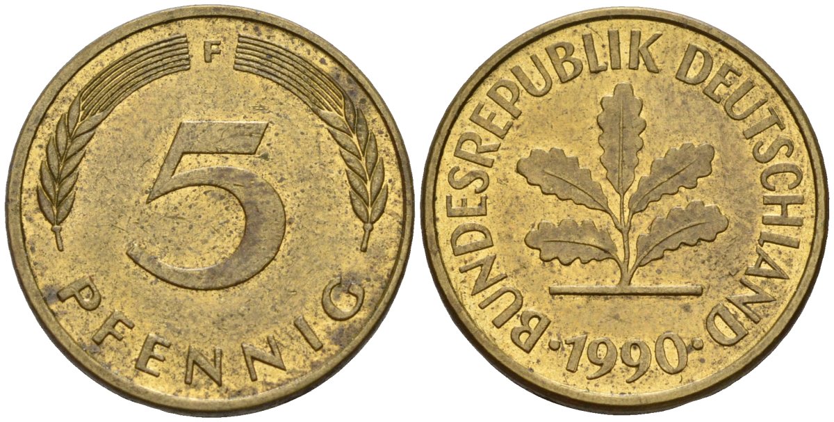 ФРГ 5 пфеннигов 1990 F KM 107, J.382 сталь плакированная латунью 4174-1111