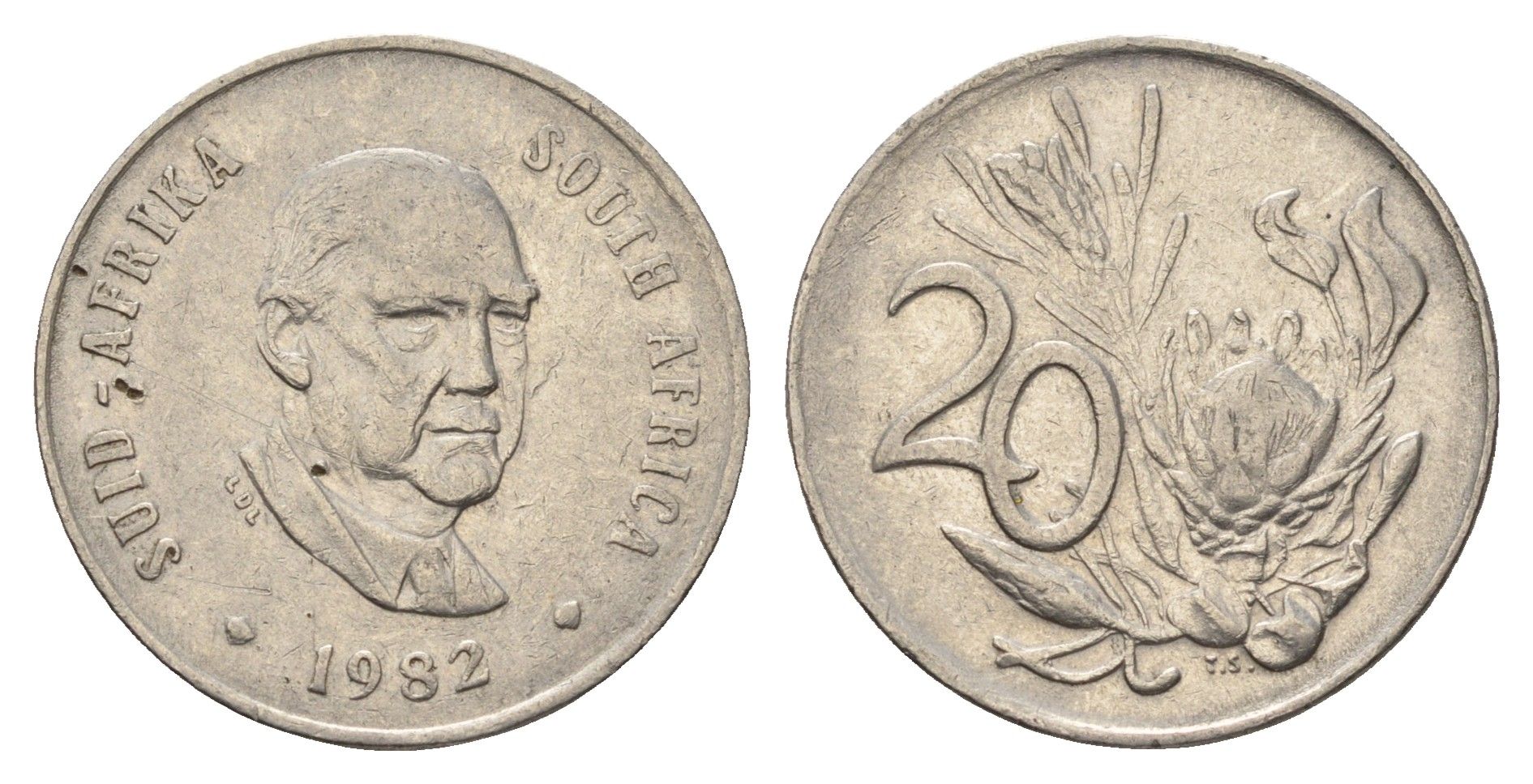 ЮАР 20 центов 1982 Окончание президентства Бальтазара Йоханнеса Форстера KM 113 никель 4693-634