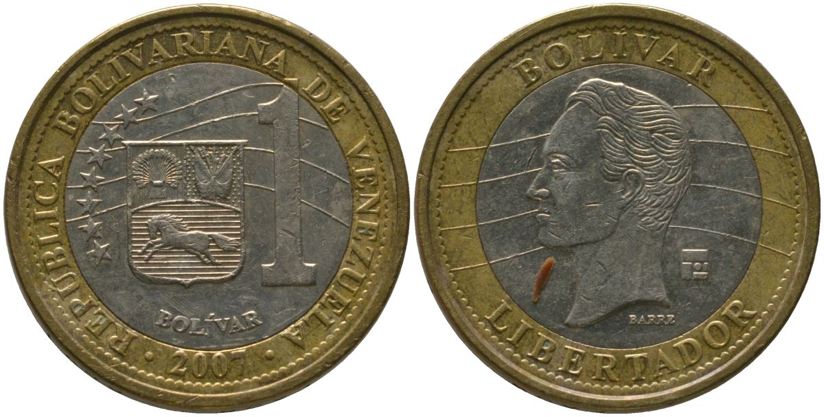 Венесуэла 1 боливар 2007 KM 93, Schon 106 биметалл 4529-157