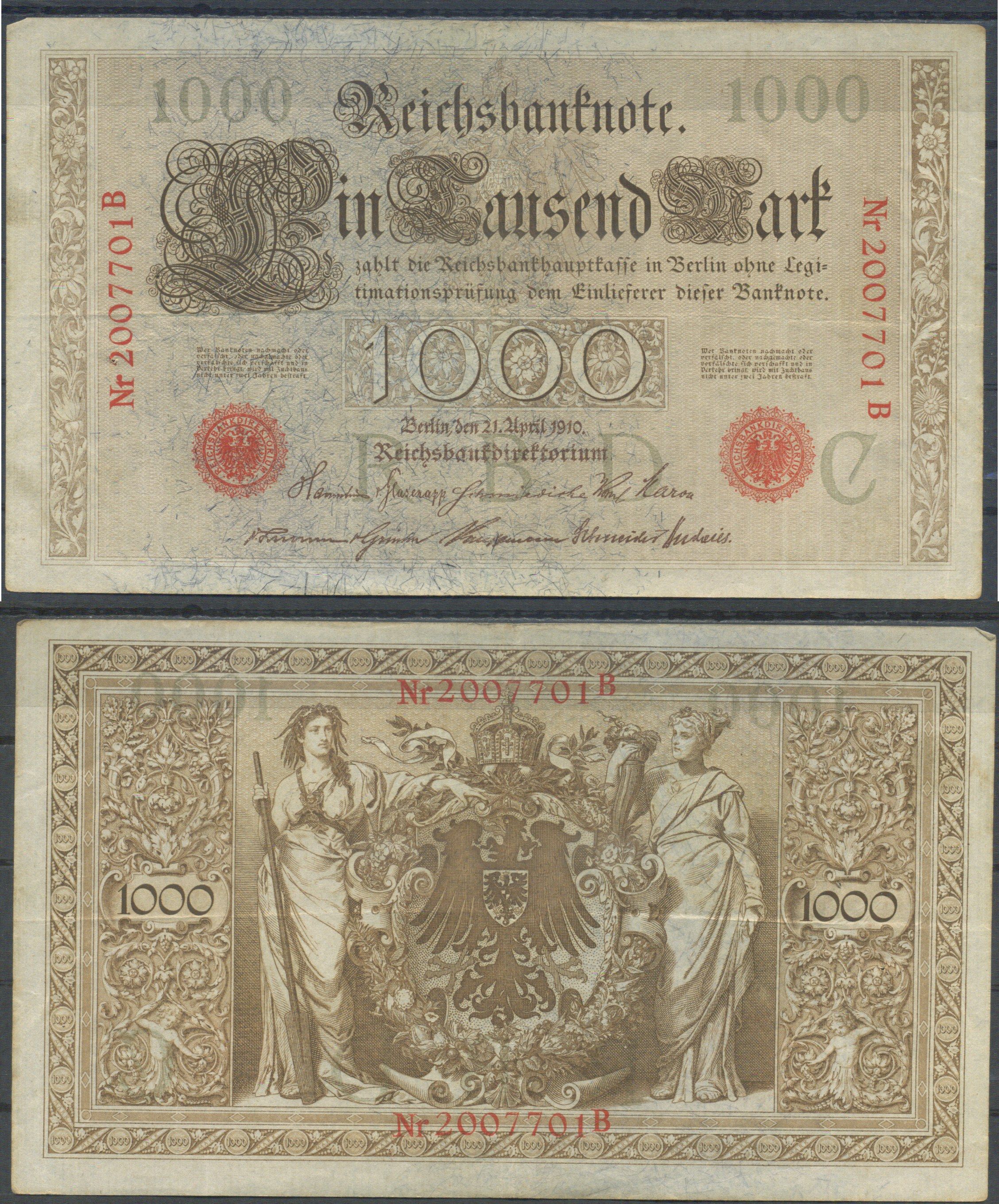 Германия 1000 марок 1910 7 значный номер Pick 44 b бумага 6287-5-2-1