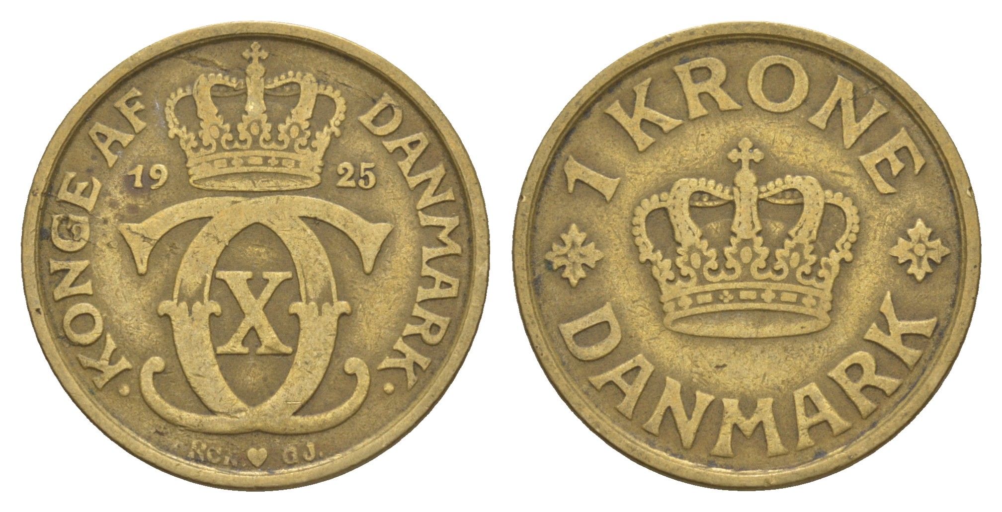 Дания 1 крона 1925 HCN, Кристиан X (1912-1947) KM 824 алюминиевая бронза 4657-332