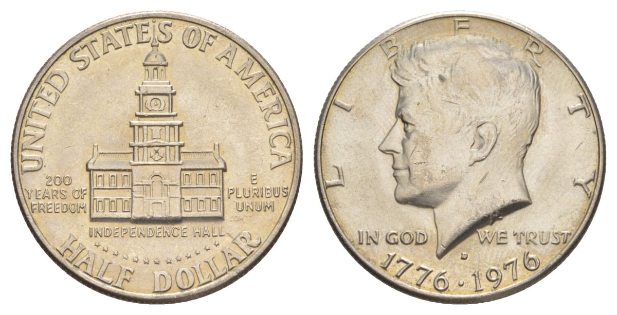 США 1/2 доллара (50 центов) 1976 D, 200 лет независимости, Джон Кеннеди KM 205 медь плакированная медно-никелем aUNC 4545-1243