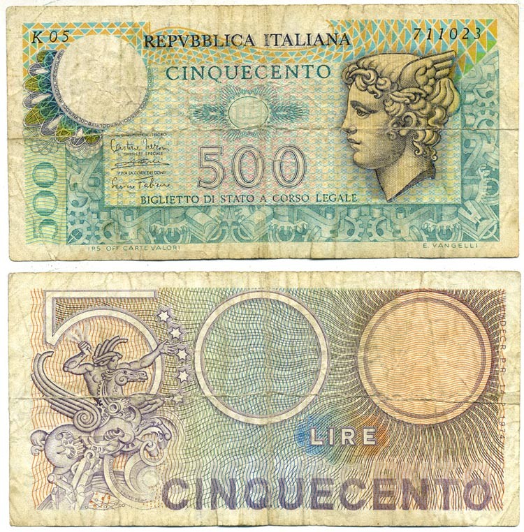 Италия 500 лир 1974 Меркурий Pick 94 бумага 6289-32-2-2