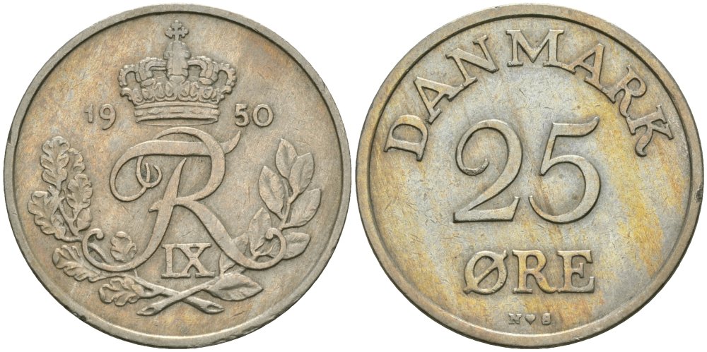 Дания 25 эре 1950 N,S, Фредерик IX (1947-1972) KM 842.1 медно-никель 4579-257