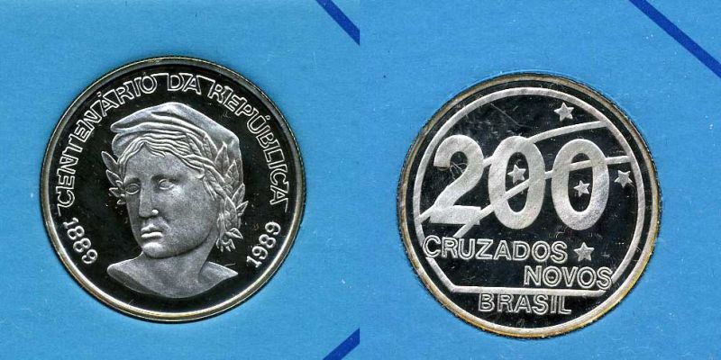 БРАЗИЛИЯ 200 КРУЙЗЕЙРО НОВО 1989 серебро ш3