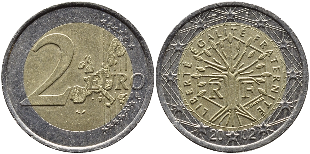 ФРАНЦИЯ 2 ЕВРО 2002 KM 1289 биметалл 4391-113