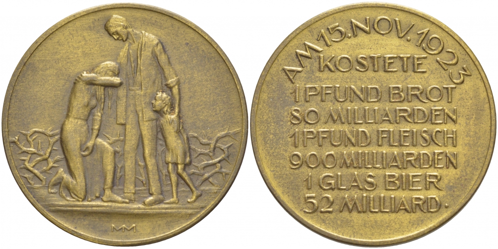 Германия медаль 1923 гиперинфляция, цены на продукты 15 ого ноября в Саксонии, 9,65 гр, 32 мм бронза 413-3133