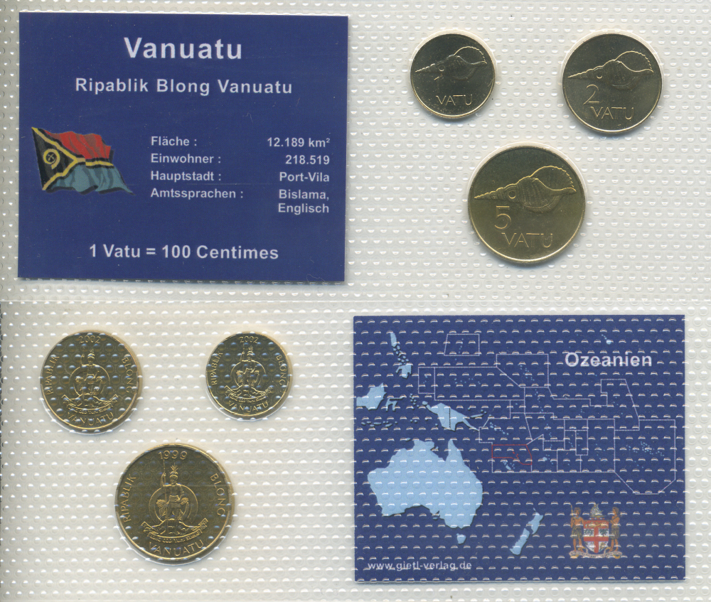 Вануату набор из 3 монет 1999-2002 1, 2, 5 вату, в запайке UNC 1-5-2-43