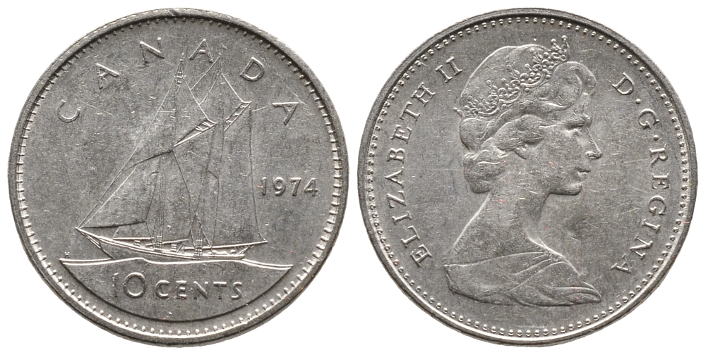 КАНАДА 10 ЦЕНТОВ 1974 ПАРУСНИК, ЕЛИЗАВЕТА II KM 77.1 никель 73-1729