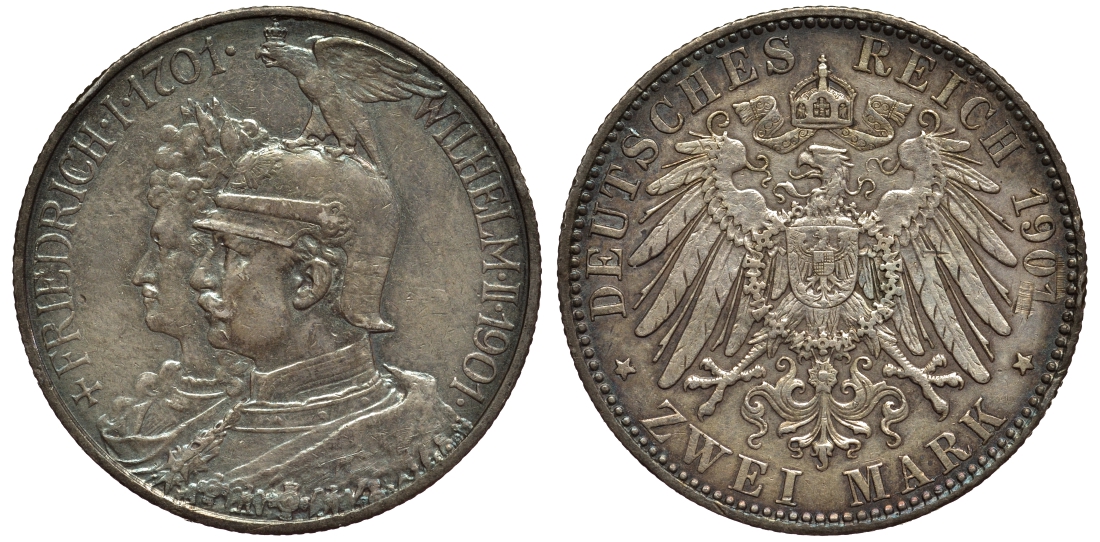 Пруссия 2 марки 1901 A, 200 лет Прусской королевской династии (Фридрих I - Вильгельм II) J.105, Weege 105, KM 525 серебро 02-014-42