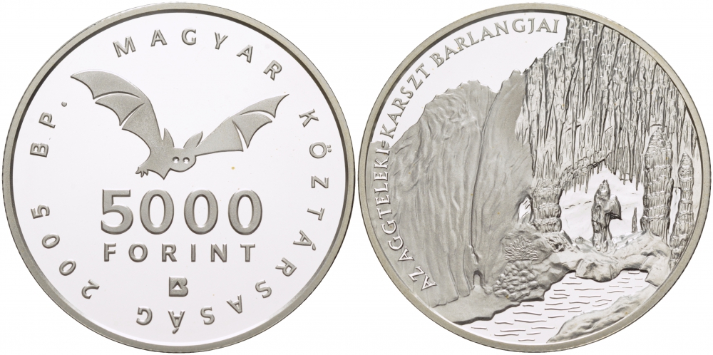 Венгрия 5000 форинтов 2005 карстовые пещеры, тираж 5000 экземпляров KM 782 серебро PROOF 04-093-22