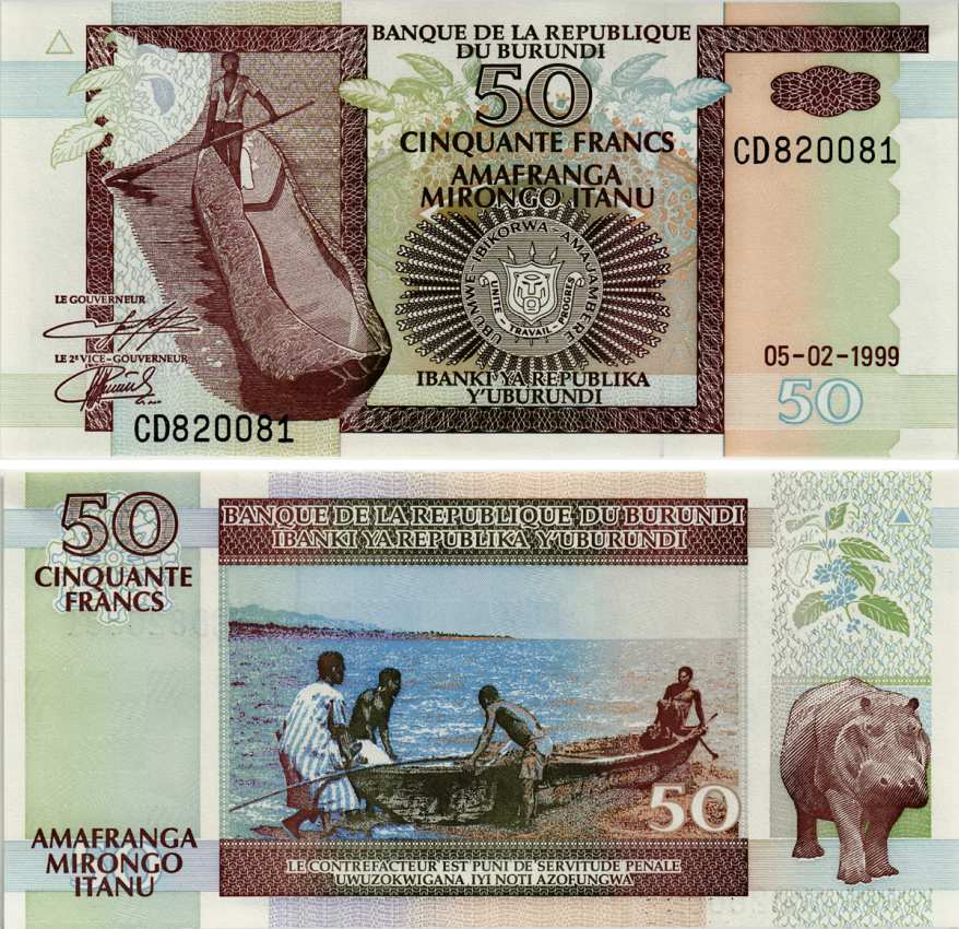 БУРУНДИ 50 ФРАНКОВ 1999 5 ФЕВРАЛЯ 1999, РЫБАК НА КАНОЭ, ГИПОПОТАМ Pick 36b бумага UNC (ПРЕСС) 8588-33-2-1