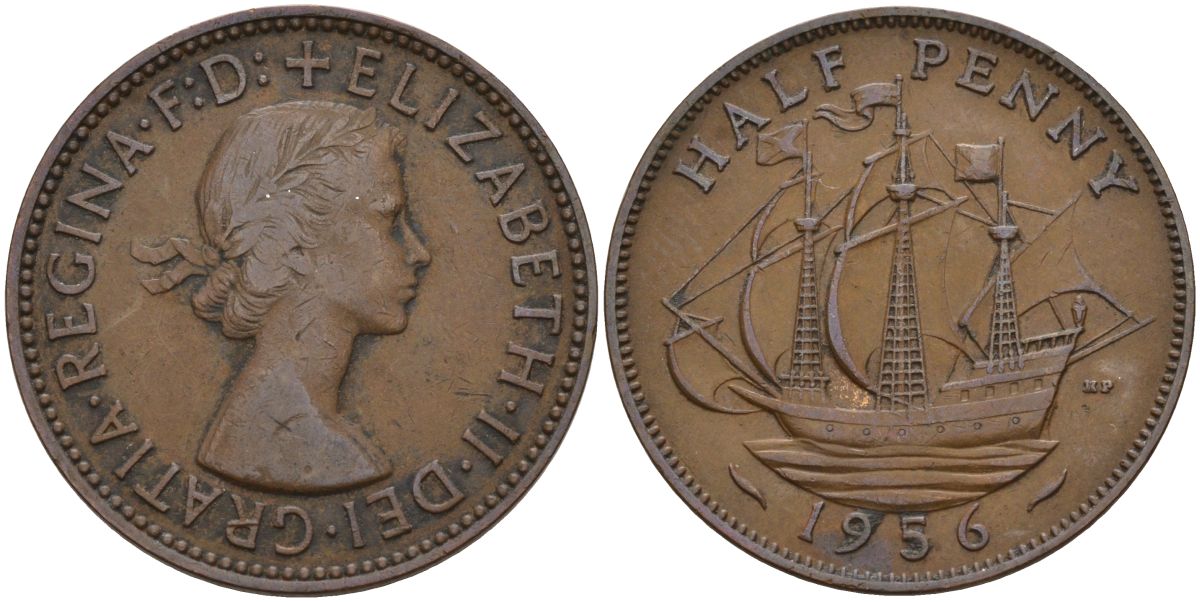 Великобритания 1/2 пенни 1956 Елизавета II (1952-2022) KM 896, Spink 4158 бронза 4153-837
