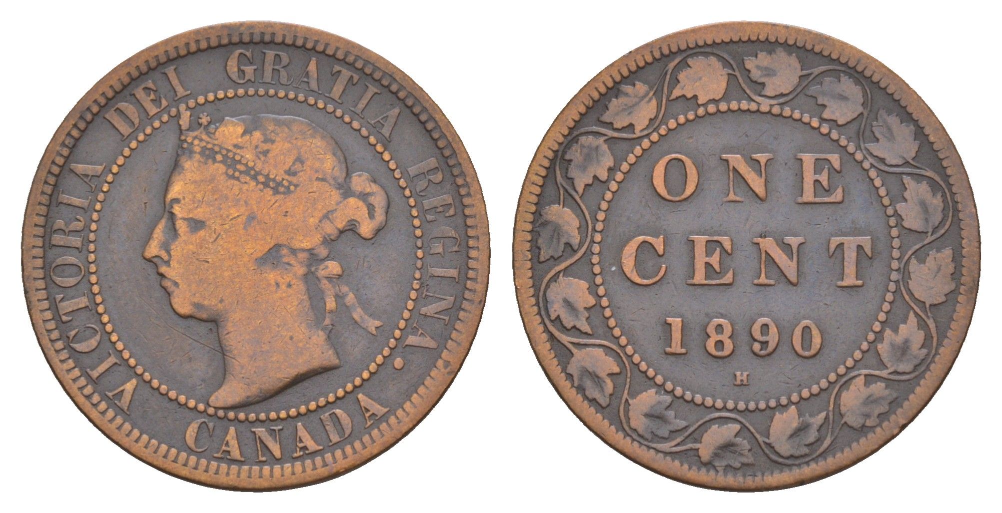 Канада 1 цент 1890 H, Виктория (1837-1901) KM 7 бронза 4654-1216