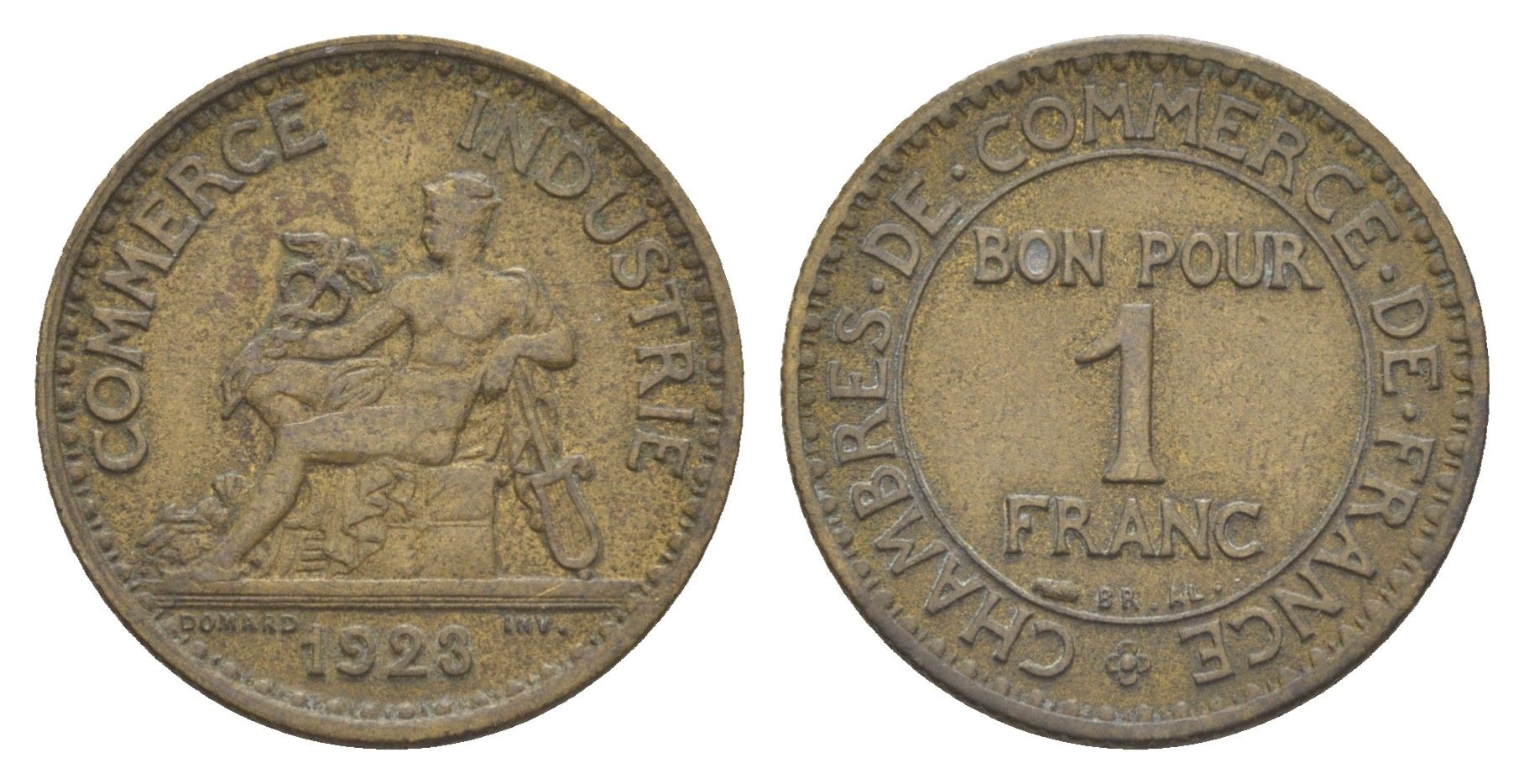 Франция 1 франк 1923 KM 876 алюминиевая бронза 83-727