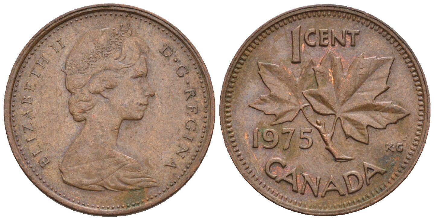 Канада 1 цент 1975 Елизавета II (1952-2022), кленовый лист KM 59.1 бронза 4609-142