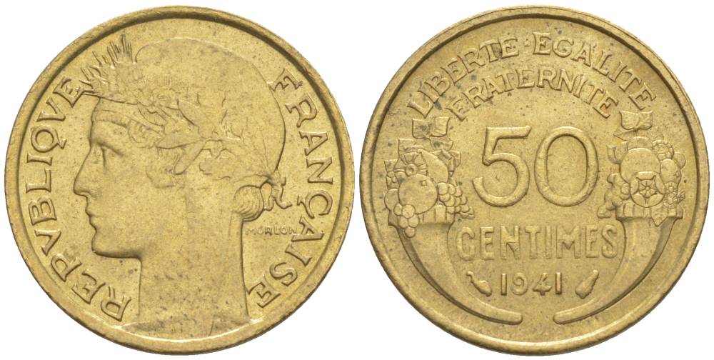 ФРАНЦИЯ 50 САНТИМОВ 1941 ТИП MORLON KM 894.1, LE FRANC 192.18 алюминиевая бронза 44-545