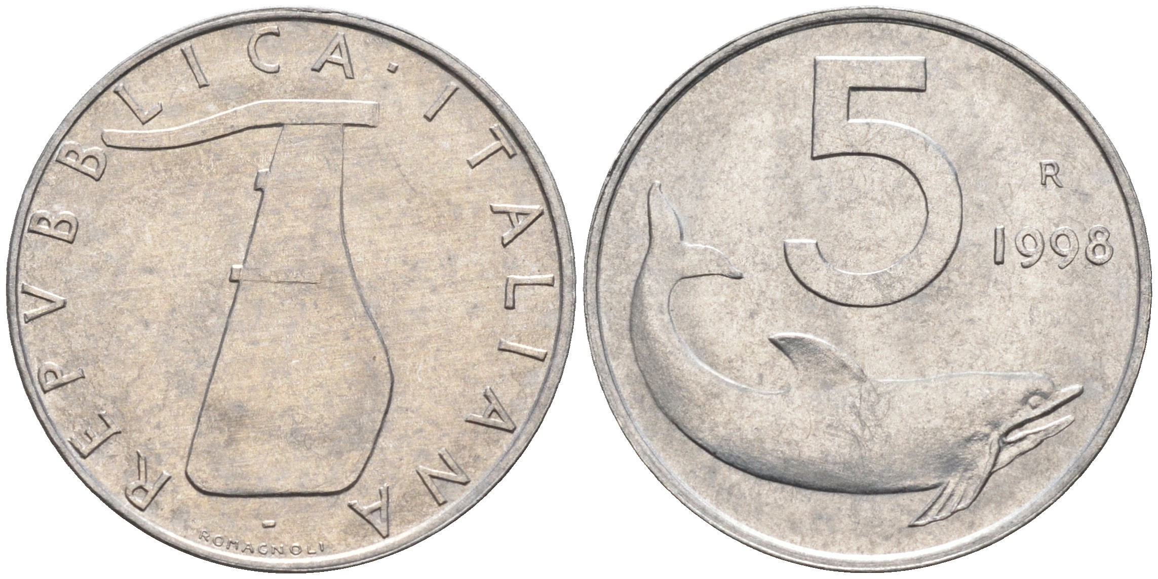 Италия 5 лир 1998 R, дельфин KM 92 алюминий  UNC  4594-937