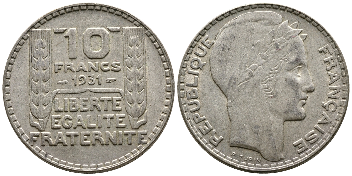 Франция 10 франков 1934 Пьер Тюрен KM 878, Le Franc 360.7 серебро 93-417