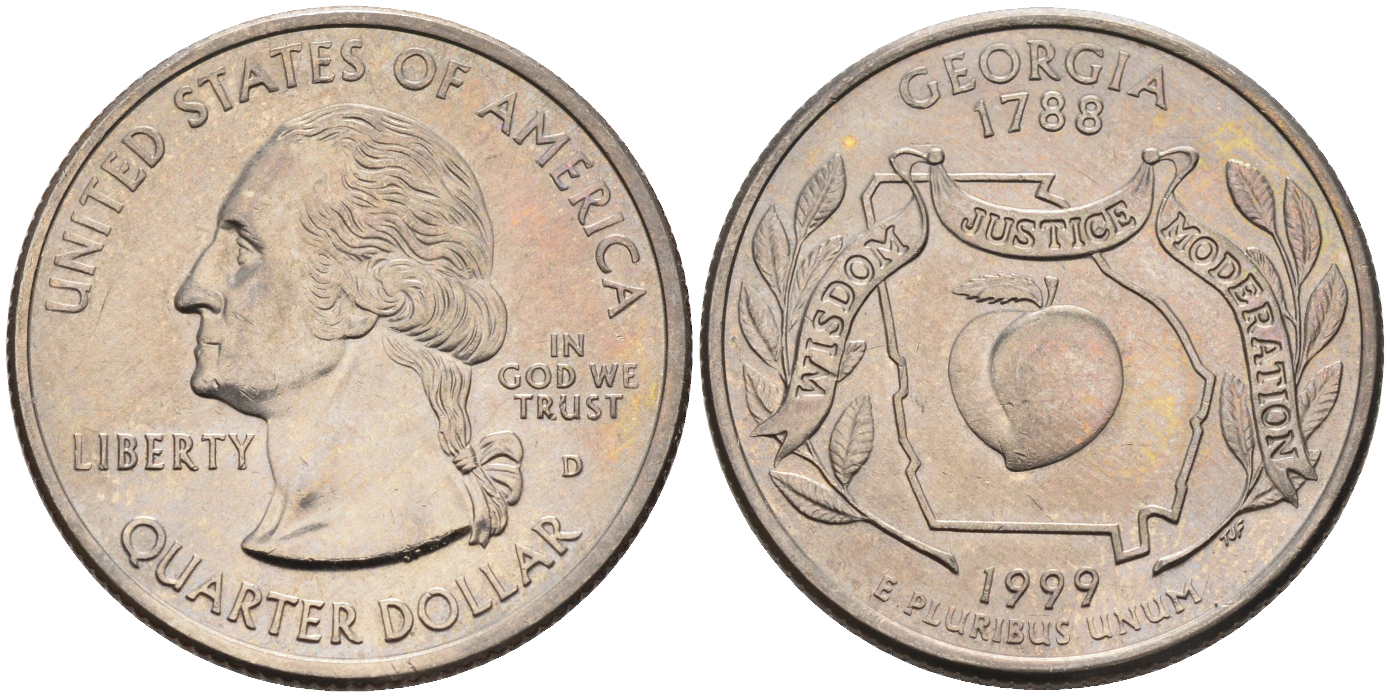 США 25 центов = квотер 1999 D, серия штаты США, Джорджия KM 296 медь плакированная медно-никелем  UNC 4589-627