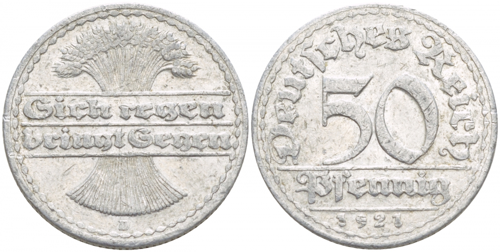 ГЕРМАНИЯ 50 ПФЕННИГОВ 1922 D KM 27, J. 301, Weege 10 алюминий 4539-746