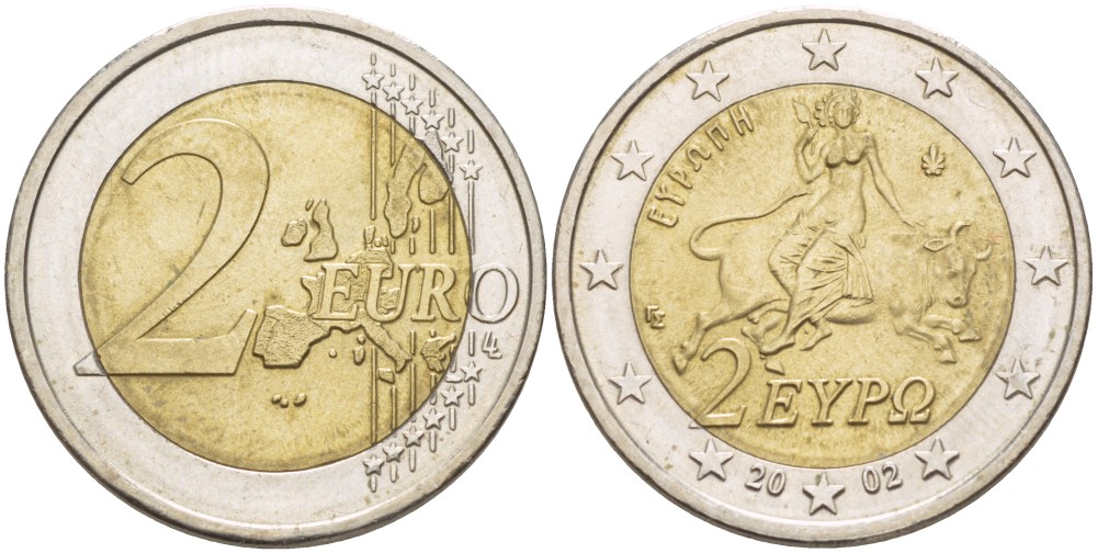 Греция 2 евро 2002 похищение Европы KM 188 биметалл 4543-133