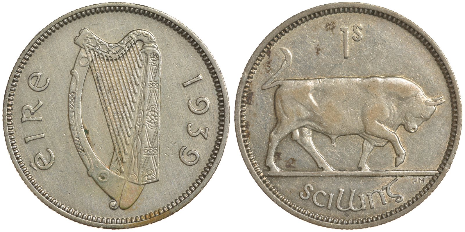 Ирландия 1 шиллинг 1939 бык KM 14 серебро 272-122