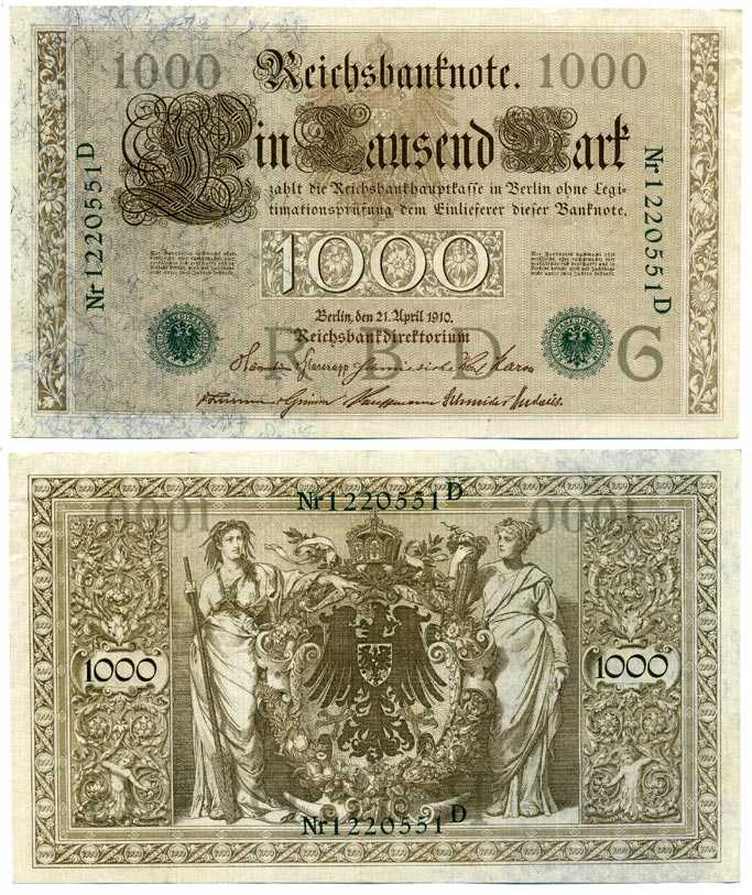 ГЕРМАНИЯ 1000 МАРОК 1910 21 АПРЕЛЯ 1910, ЗЕЛЁНАЯ ПЕЧАТЬ, СЕМИЗНАЧНЫЙ НОМЕР Pick 45b бумага 7198-32-2-1