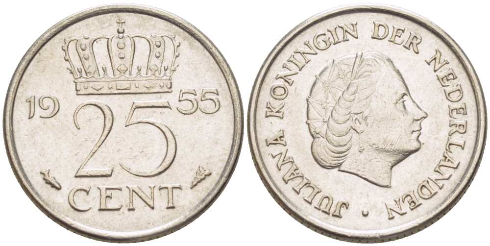 Нидерланды 25 центов 1955 Юлиана (1949-1980) KM 183 никель 3955-148