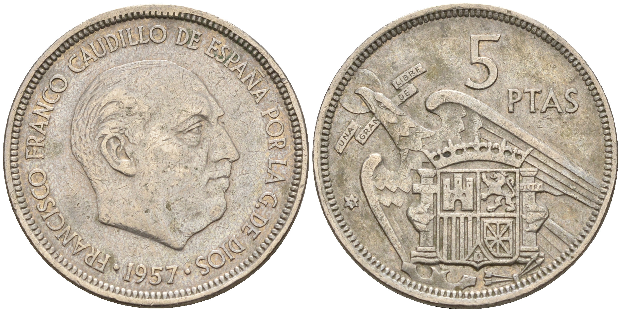 Испания 5 песет 1957 (75) Франсиско Франко (1939-1975) KM 786 медно-никель    4143-211